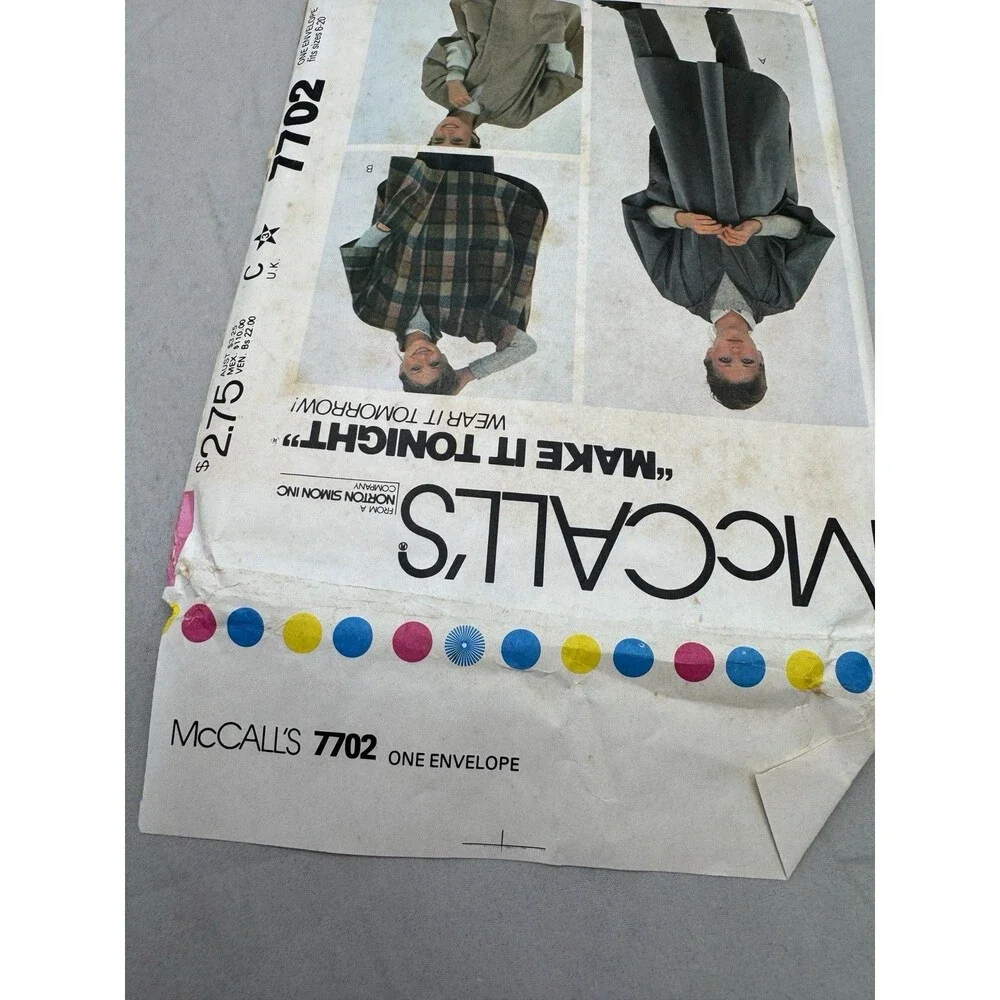 McCalls Sewing Pattern 7702 Misses Poncho Sizes 6-20 Make Tonight Wear Tomorrow